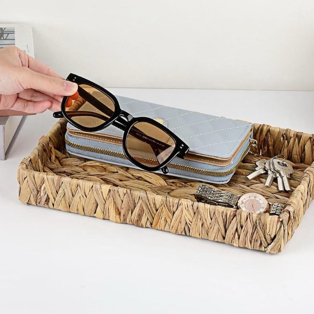 Tan woven wicker basket, tray makeup storage and cream woven wicker tray